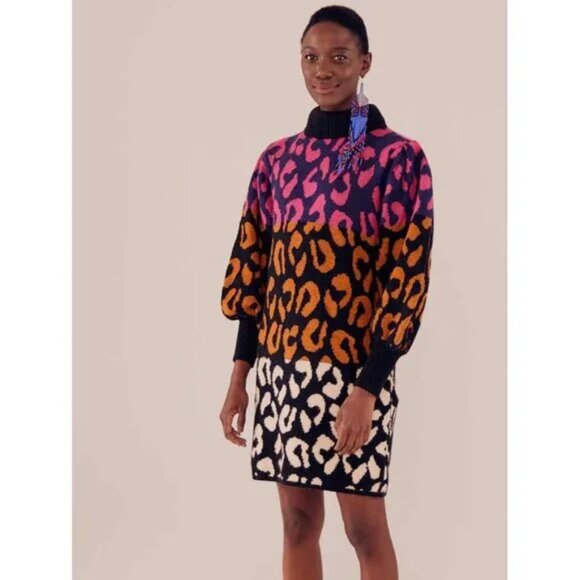 Farm Rio Mixed Leopards Sweater Dress - Sz S - Picture 1 of 5